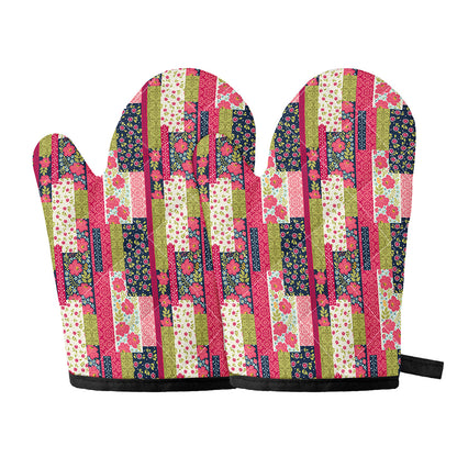 Pink Flower Patchwork Pattern Print Oven Mitts