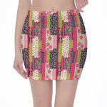 Pink Flower Patchwork Pattern Print Pencil Mini Skirt