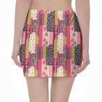 Pink Flower Patchwork Pattern Print Pencil Mini Skirt