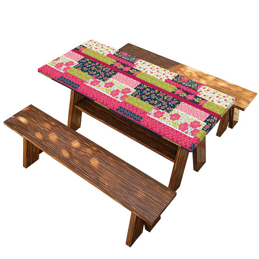 Pink Flower Patchwork Pattern Print Picnic Table Cover