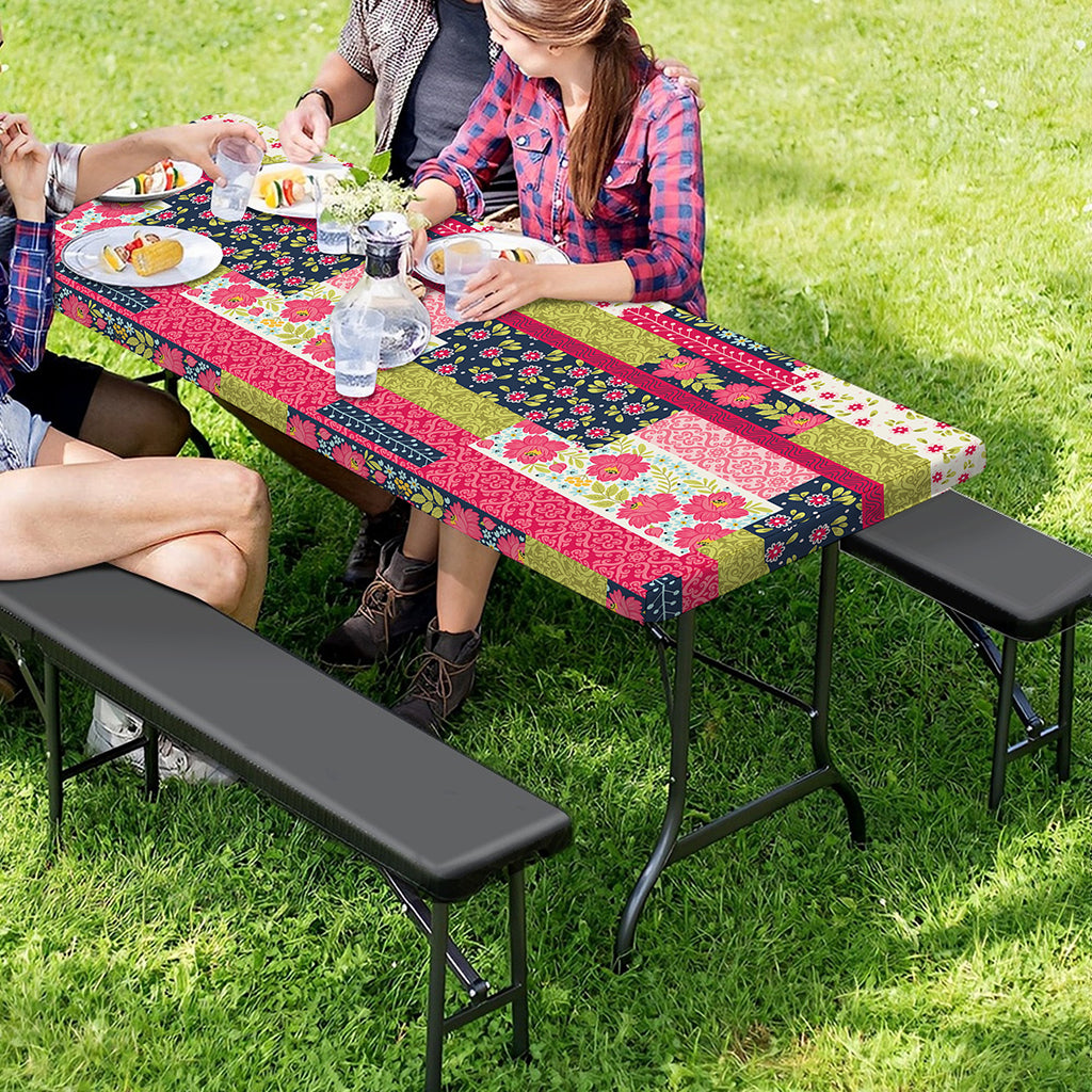 Pink Flower Patchwork Pattern Print Picnic Table Cover