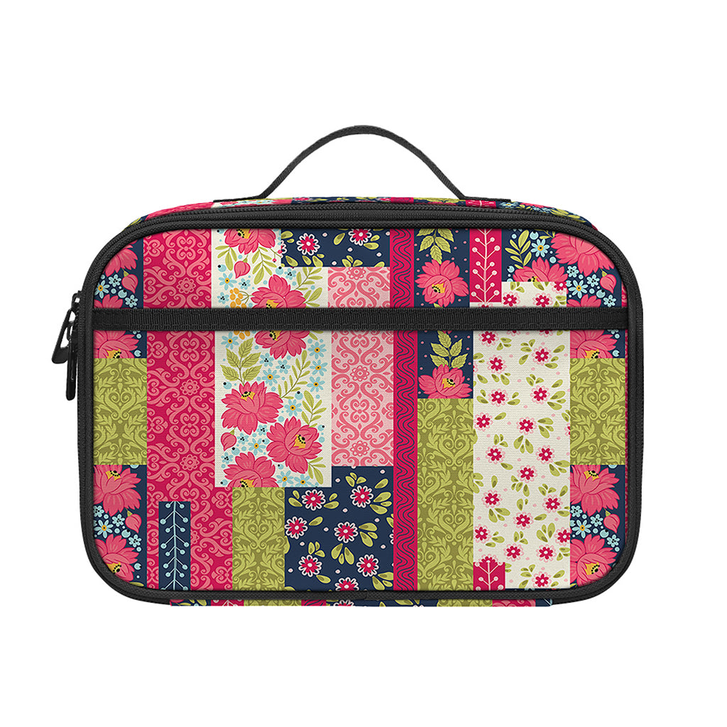 Pink Flower Patchwork Pattern Print Portable Lunch Bag