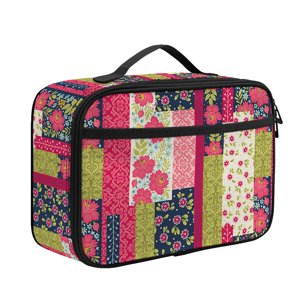 Pink Flower Patchwork Pattern Print Portable Lunch Bag