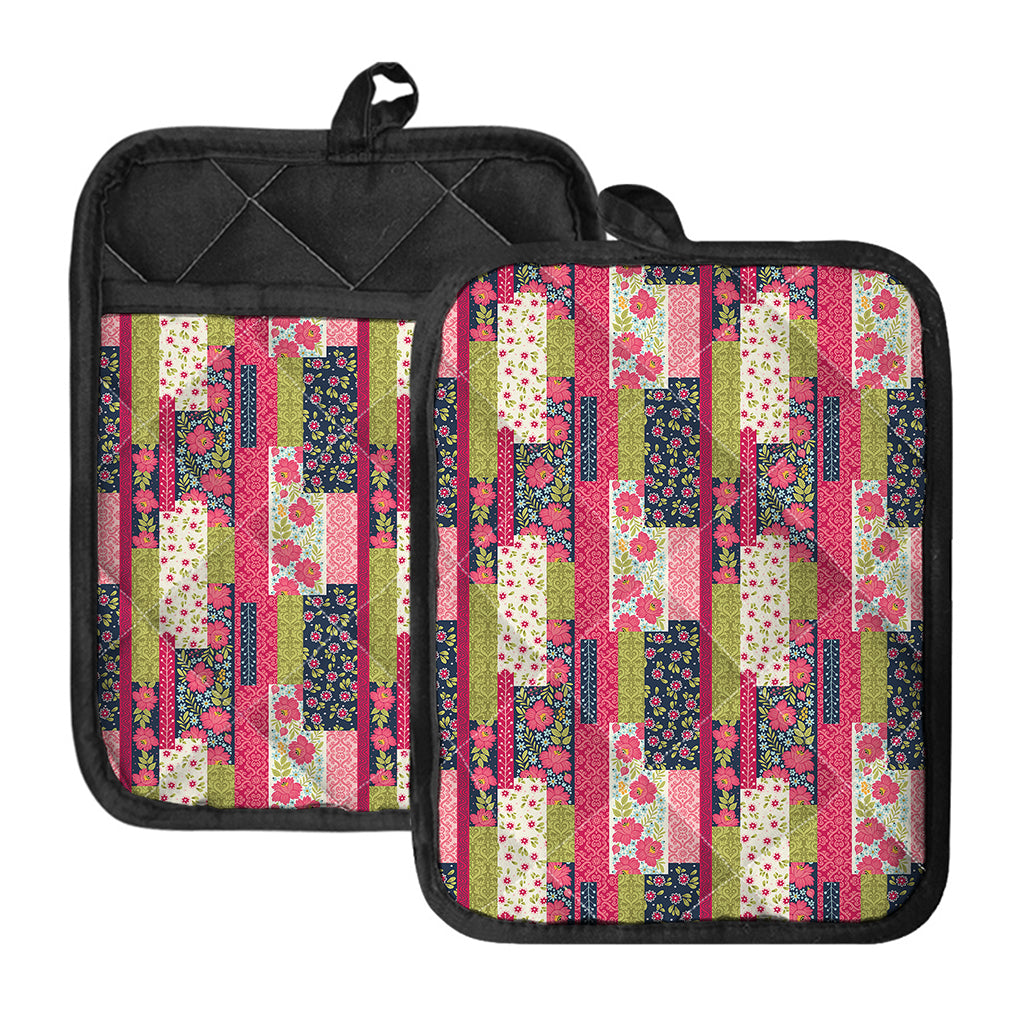 Pink Flower Patchwork Pattern Print Pot Holders With Pocket