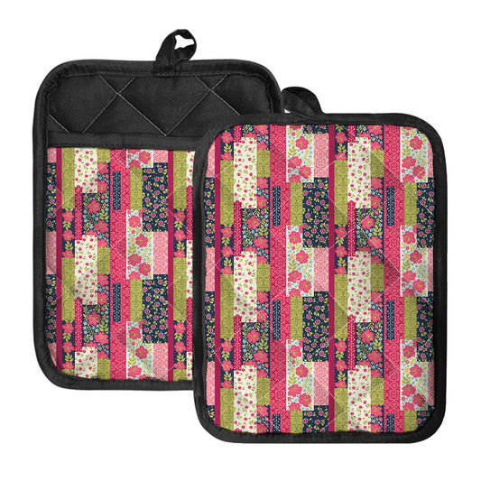 Pink Flower Patchwork Pattern Print Pot Holders With Pocket