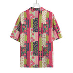 Pink Flower Patchwork Pattern Print Rayon Hawaiian Shirt