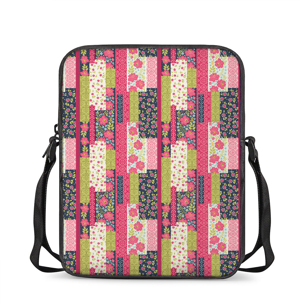 Pink Flower Patchwork Pattern Print Rectangular Crossbody Bag