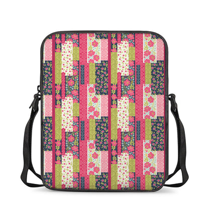 Pink Flower Patchwork Pattern Print Rectangular Crossbody Bag