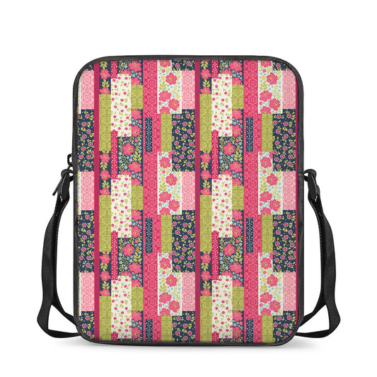 Pink Flower Patchwork Pattern Print Rectangular Crossbody Bag
