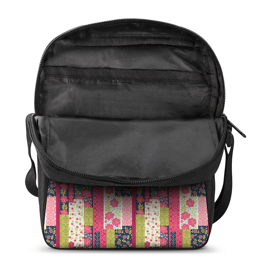 Pink Flower Patchwork Pattern Print Rectangular Crossbody Bag