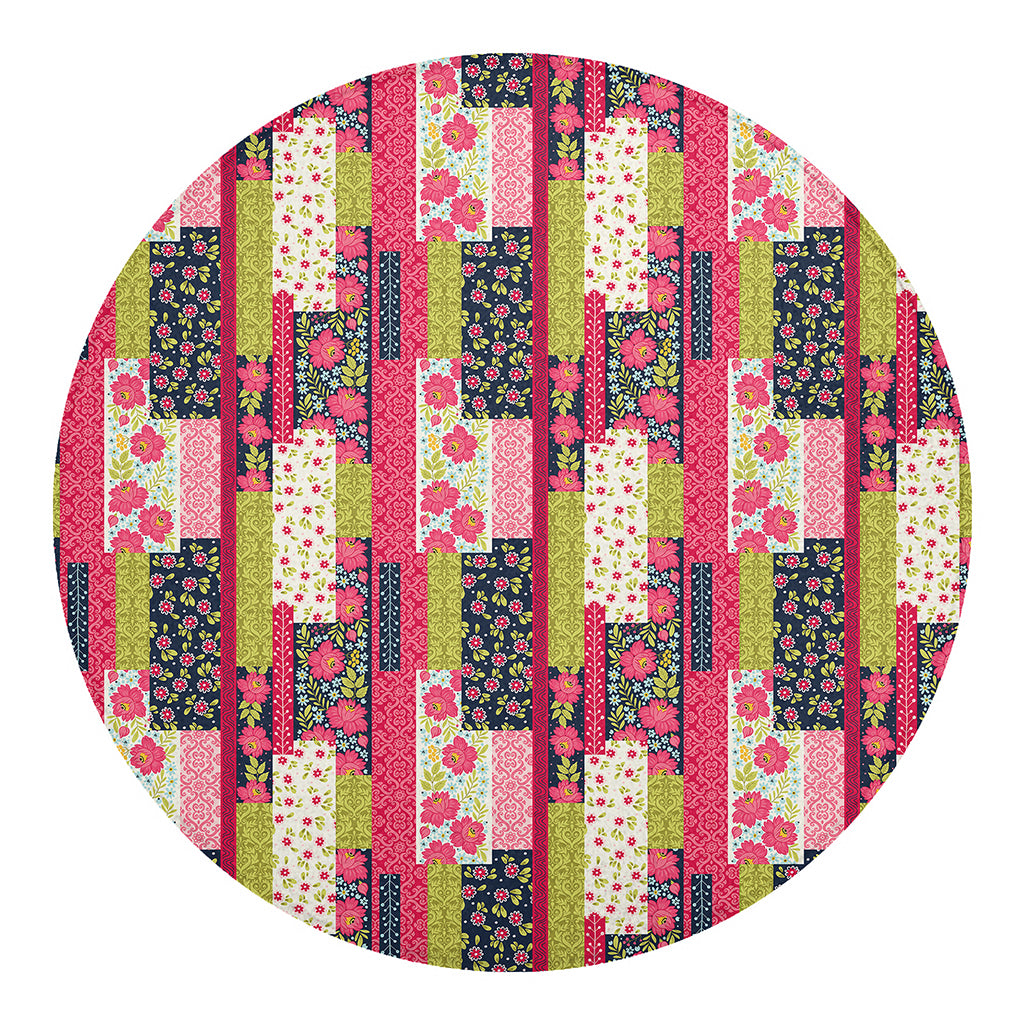Pink Flower Patchwork Pattern Print Round Blanket