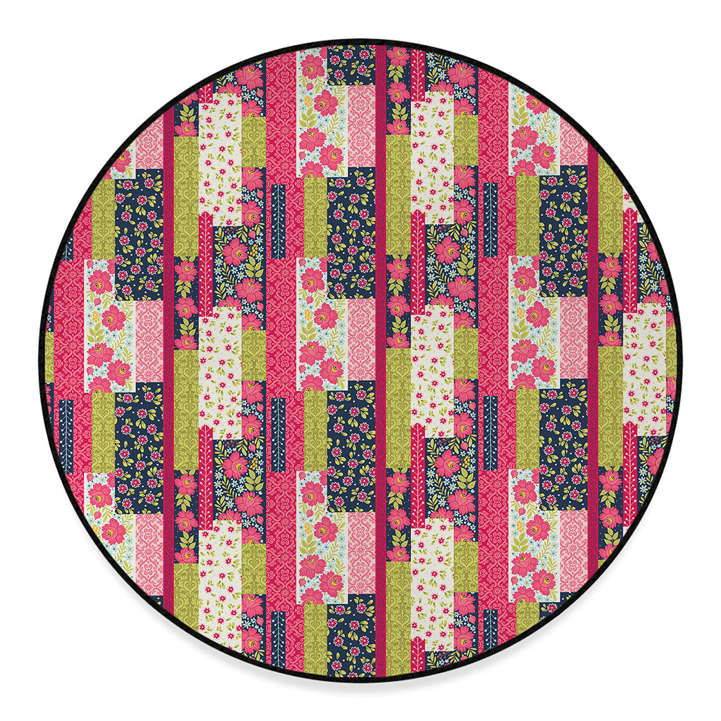 Pink Flower Patchwork Pattern Print Round Floor Mat