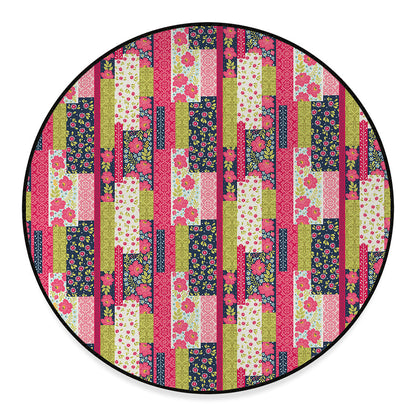 Pink Flower Patchwork Pattern Print Round Floor Mat
