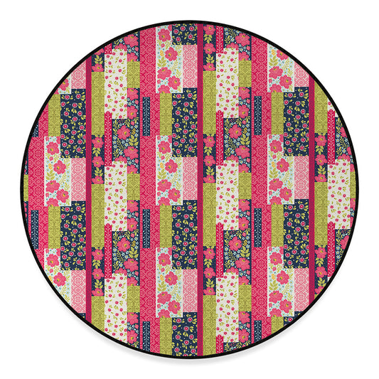 Pink Flower Patchwork Pattern Print Round Floor Mat