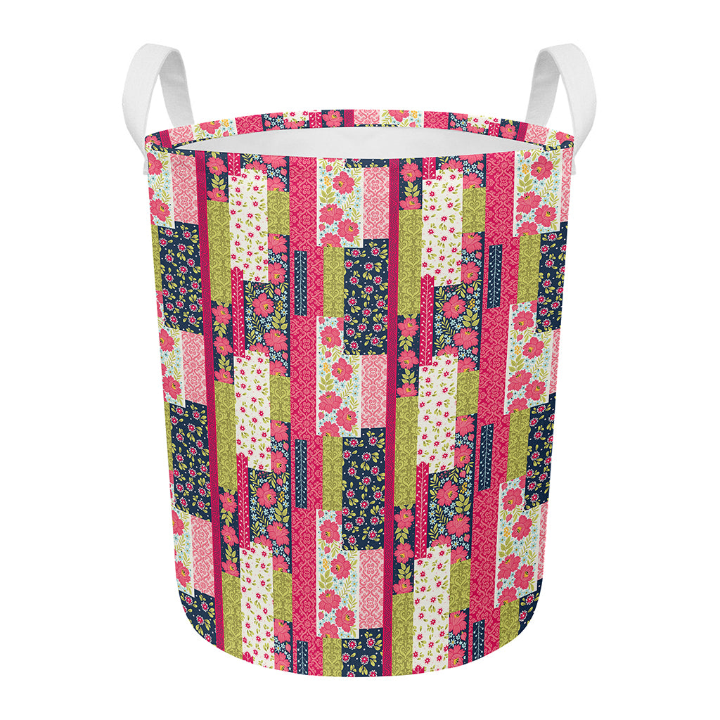 Pink Flower Patchwork Pattern Print Round Laundry Basket