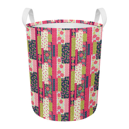 Pink Flower Patchwork Pattern Print Round Laundry Basket