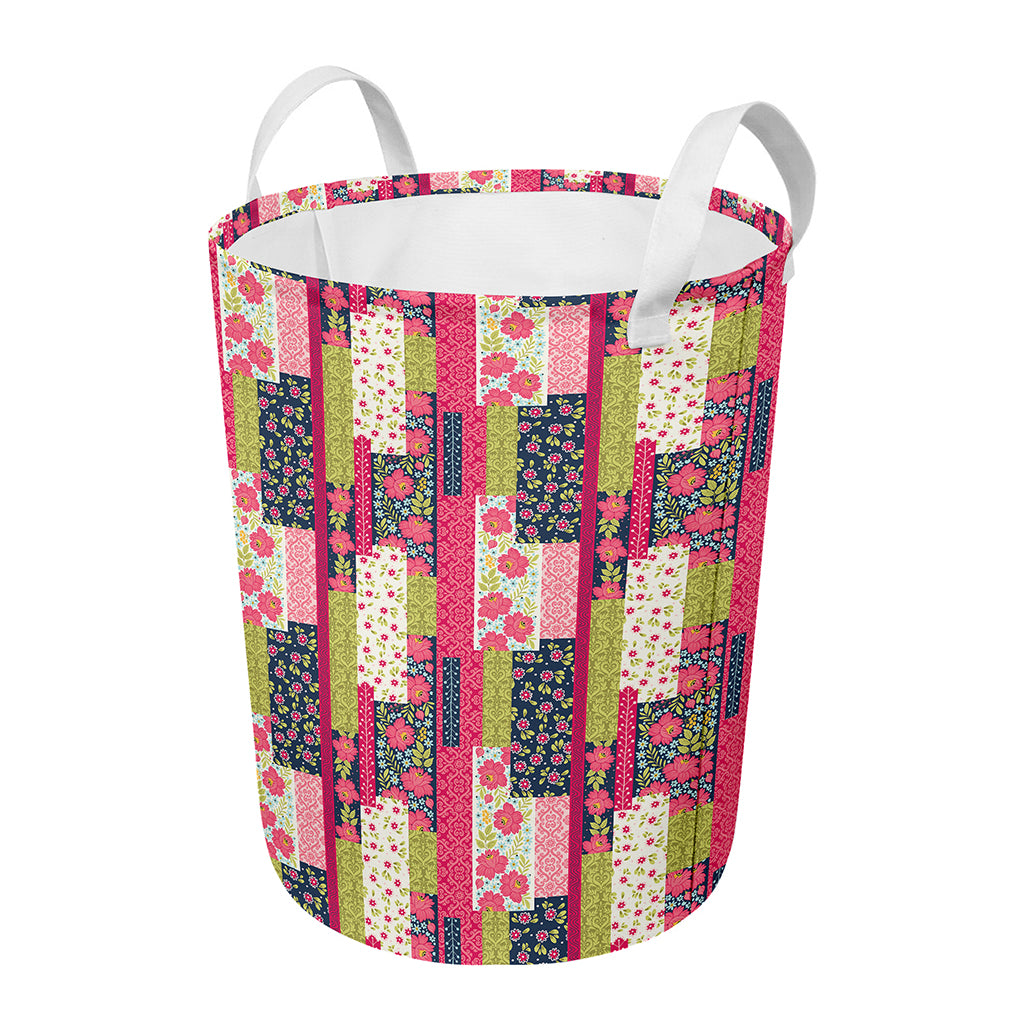 Pink Flower Patchwork Pattern Print Round Laundry Basket