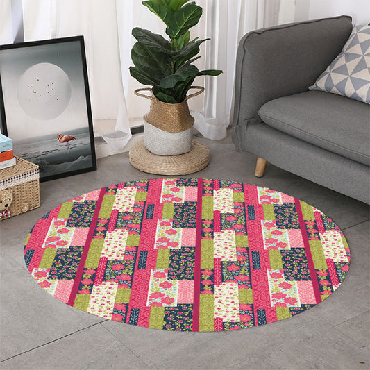 Pink Flower Patchwork Pattern Print Round Rug