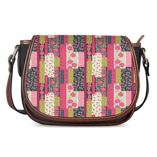 Pink Flower Patchwork Pattern Print Saddle Bag
