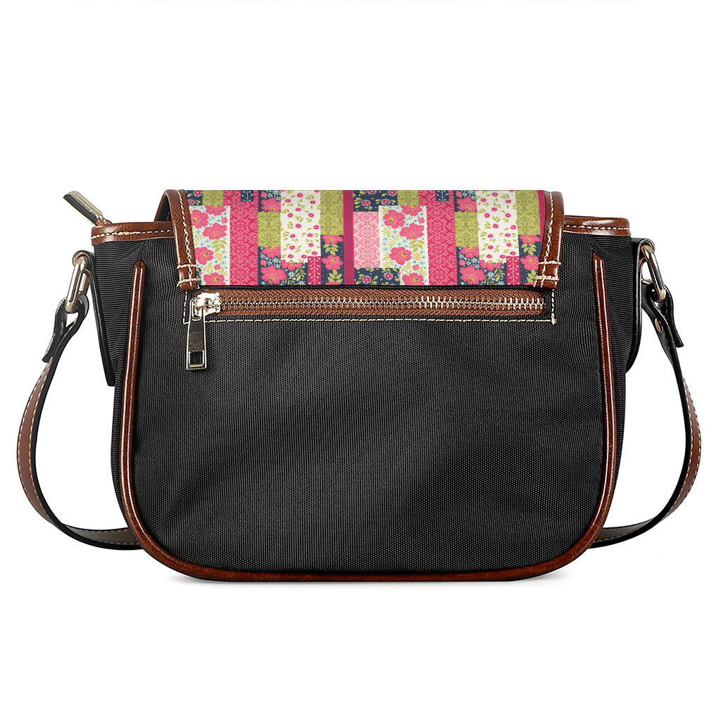Pink Flower Patchwork Pattern Print Saddle Bag