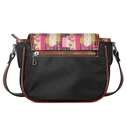 Pink Flower Patchwork Pattern Print Saddle Bag