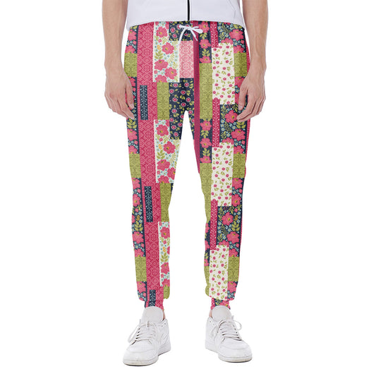 Pink Flower Patchwork Pattern Print Scuba Joggers