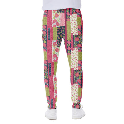 Pink Flower Patchwork Pattern Print Scuba Joggers