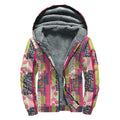Pink Flower Patchwork Pattern Print Sherpa Lined Zip Up Hoodie