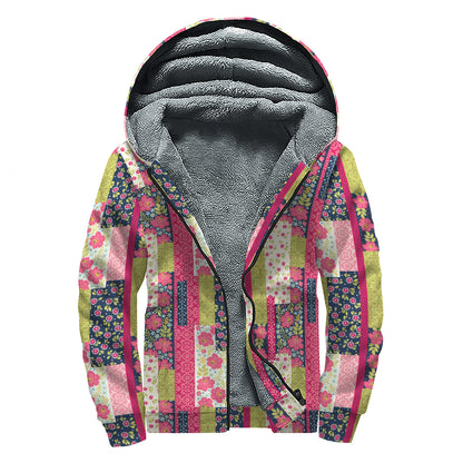 Pink Flower Patchwork Pattern Print Sherpa Lined Zip Up Hoodie