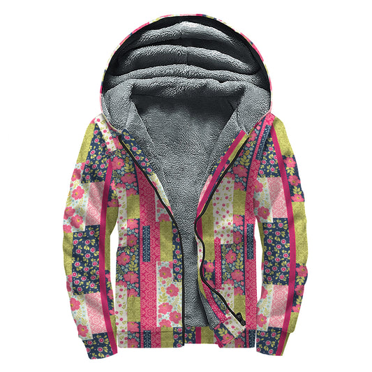 Pink Flower Patchwork Pattern Print Sherpa Lined Zip Up Hoodie