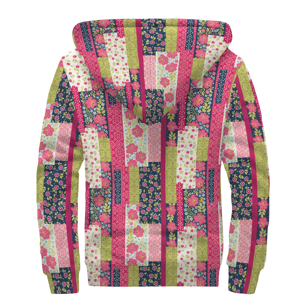 Pink Flower Patchwork Pattern Print Sherpa Lined Zip Up Hoodie