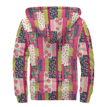 Pink Flower Patchwork Pattern Print Sherpa Lined Zip Up Hoodie