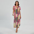 Pink Flower Patchwork Pattern Print Short Sleeve Maxi Dress