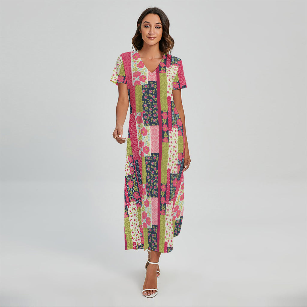 Pink Flower Patchwork Pattern Print Short Sleeve Maxi Dress