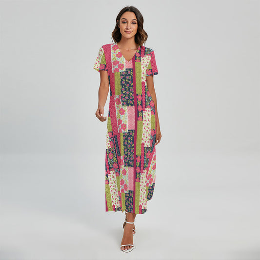 Pink Flower Patchwork Pattern Print Short Sleeve Maxi Dress