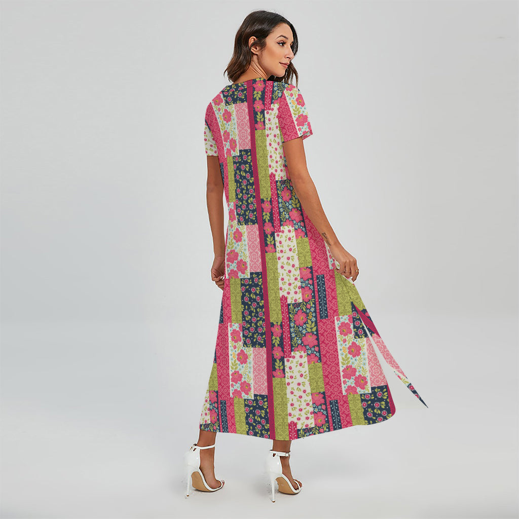 Pink Flower Patchwork Pattern Print Short Sleeve Maxi Dress