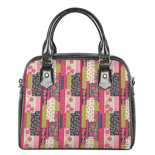 Pink Flower Patchwork Pattern Print Shoulder Handbag