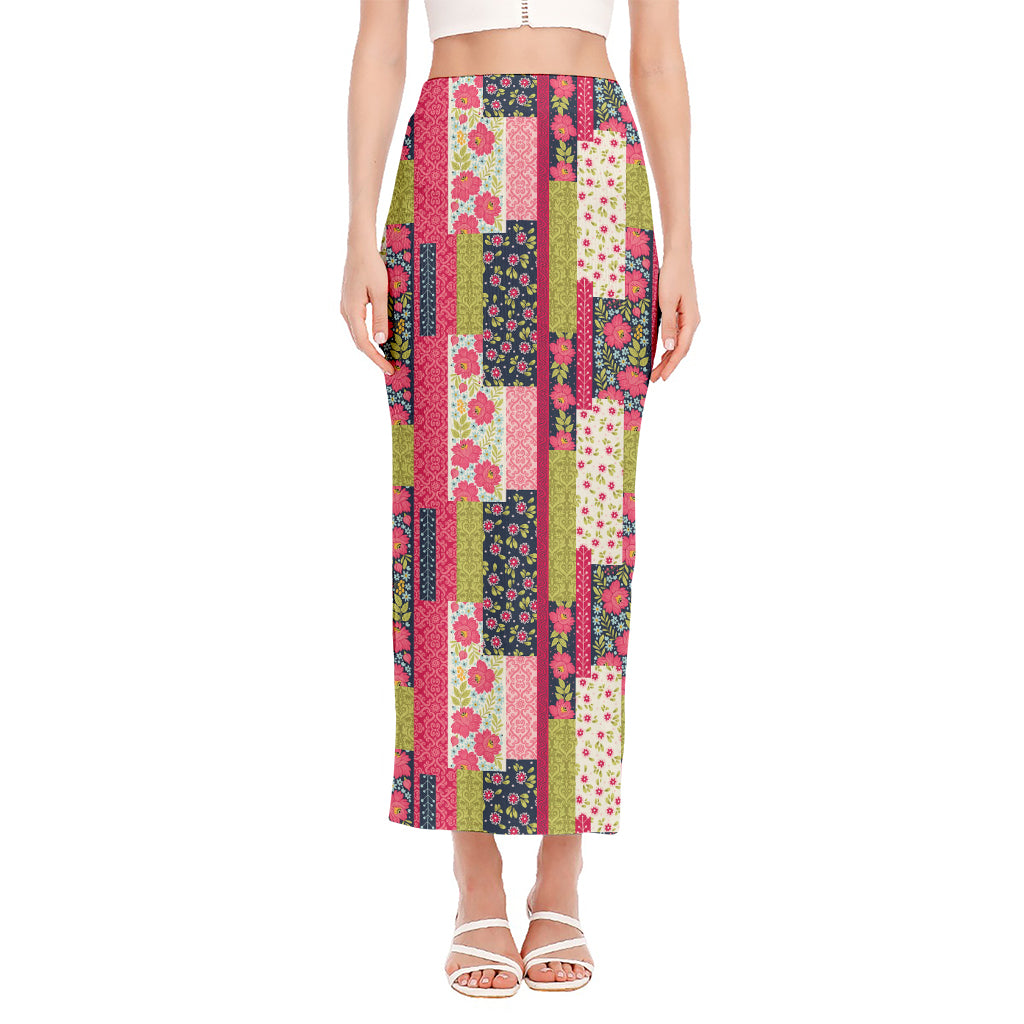 Pink Flower Patchwork Pattern Print Side Slit Maxi Skirt