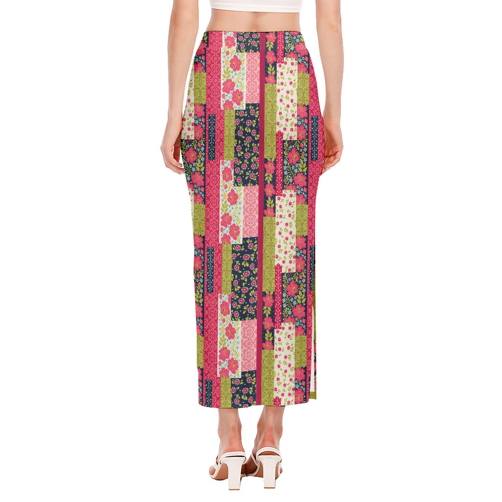 Pink Flower Patchwork Pattern Print Side Slit Maxi Skirt