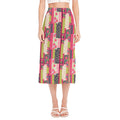 Pink Flower Patchwork Pattern Print Side Slit Midi Skirt