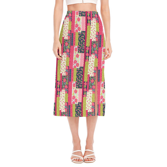 Pink Flower Patchwork Pattern Print Side Slit Midi Skirt