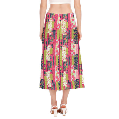 Pink Flower Patchwork Pattern Print Side Slit Midi Skirt