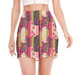 Pink Flower Patchwork Pattern Print Side Slit Mini Skirt