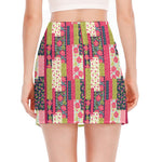 Pink Flower Patchwork Pattern Print Side Slit Mini Skirt