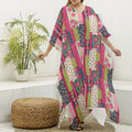 Pink Flower Patchwork Pattern Print Silk V-Neck Kaftan Dress