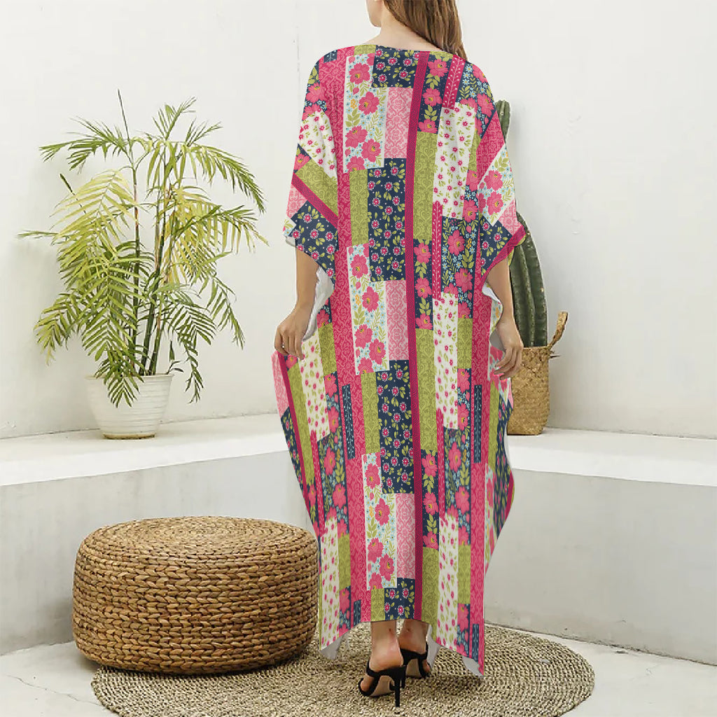 Pink Flower Patchwork Pattern Print Silk V-Neck Kaftan Dress