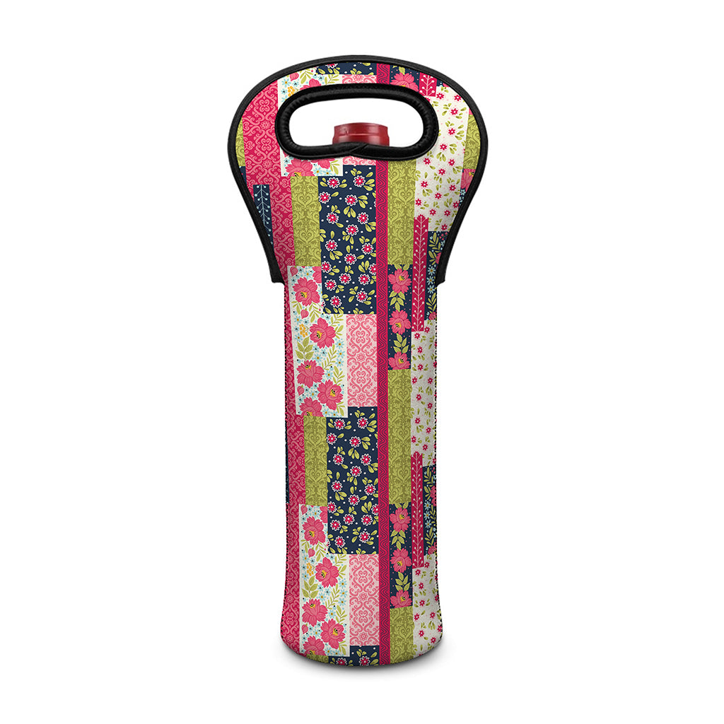 Pink Flower Patchwork Pattern Print Single Neoprene Wine Tote