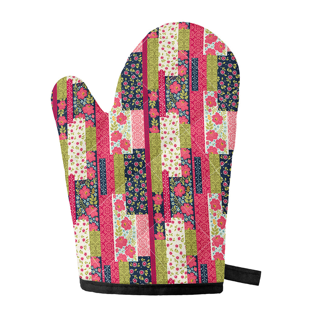 Pink Flower Patchwork Pattern Print Single Oven Mitt