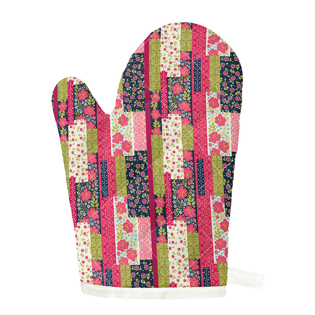 Pink Flower Patchwork Pattern Print Single Oven Mitt