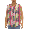 Pink Flower Patchwork Pattern Print Sleeveless Baseball Jersey